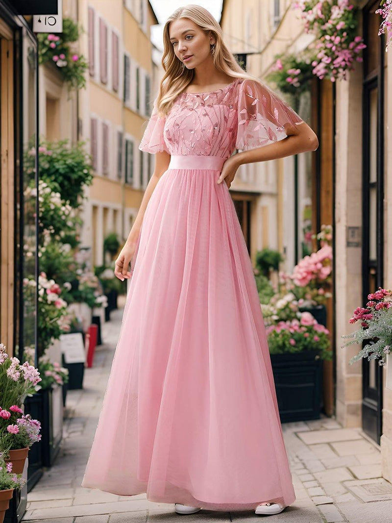 ever SAPHIR|Women's A-Line Sequin Leaf Maxi Prom Dress with Sleeves