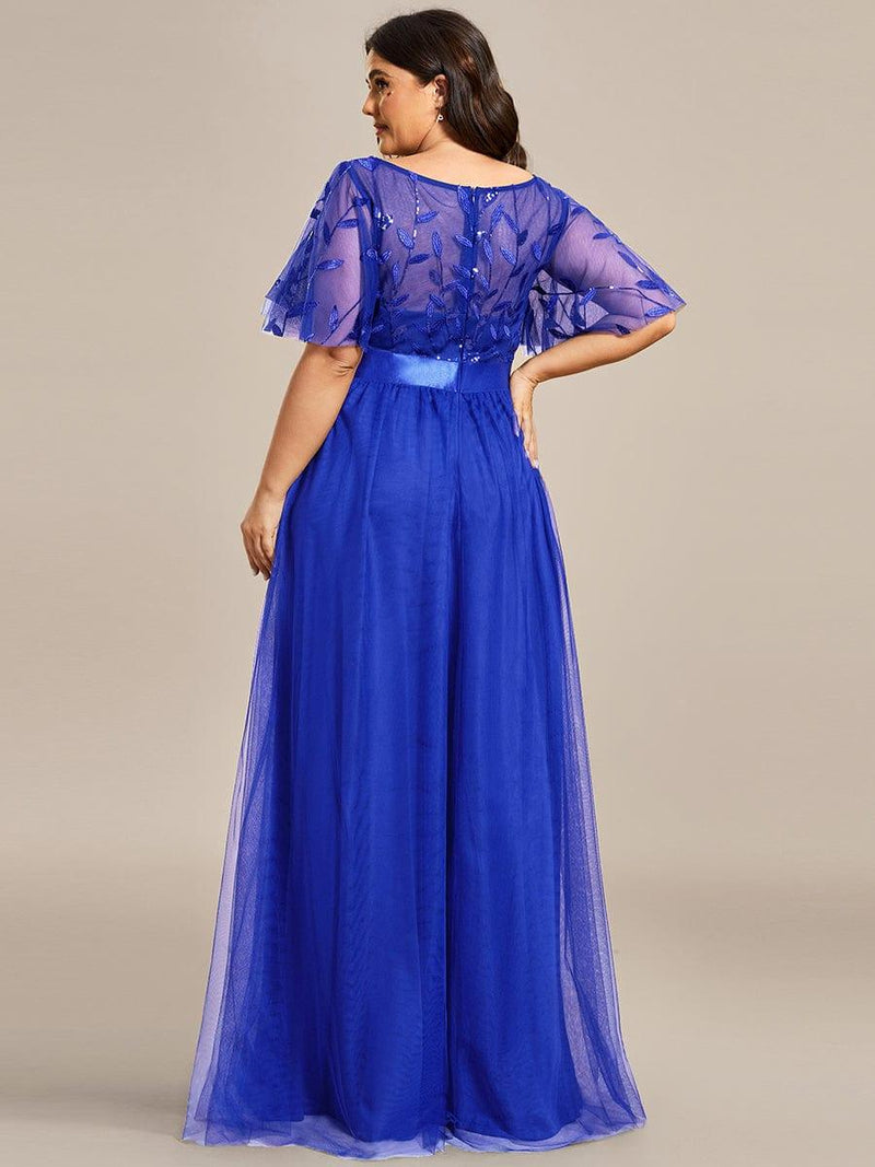 ever SAPHIR|Women's A-Line Sequin Leaf Maxi Prom Dress with Sleeves