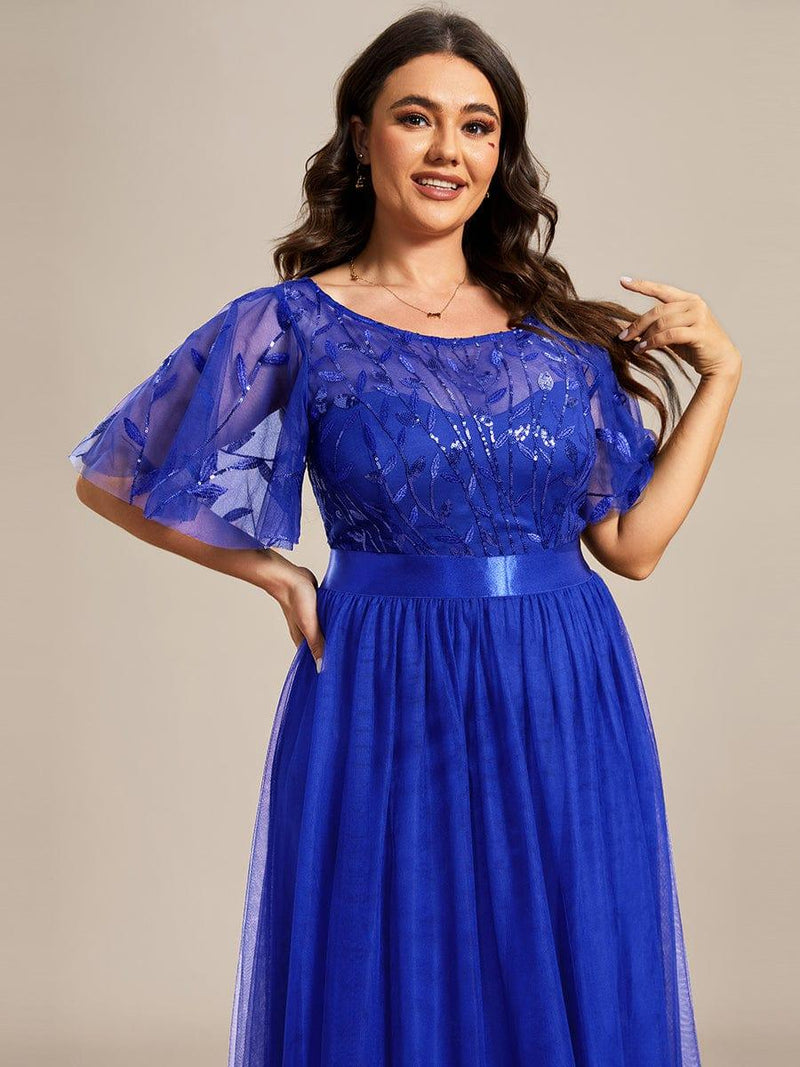 ever SAPHIR|Women's A-Line Sequin Leaf Maxi Prom Dress with Sleeves