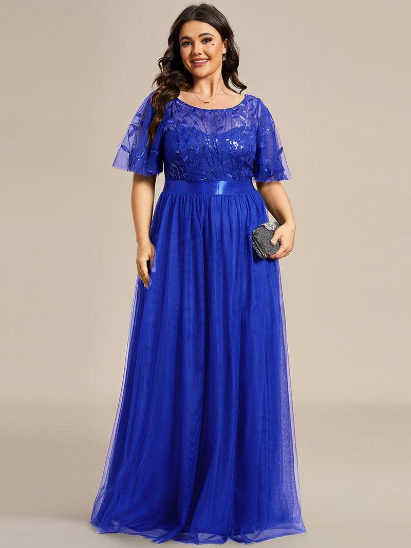 ever SAPHIR|Women's A-Line Sequin Leaf Maxi Prom Dress with Sleeves