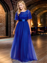 ever SAPHIR|Women's A-Line Short Sleeve Embroidery Floor Length Evening Dresses
