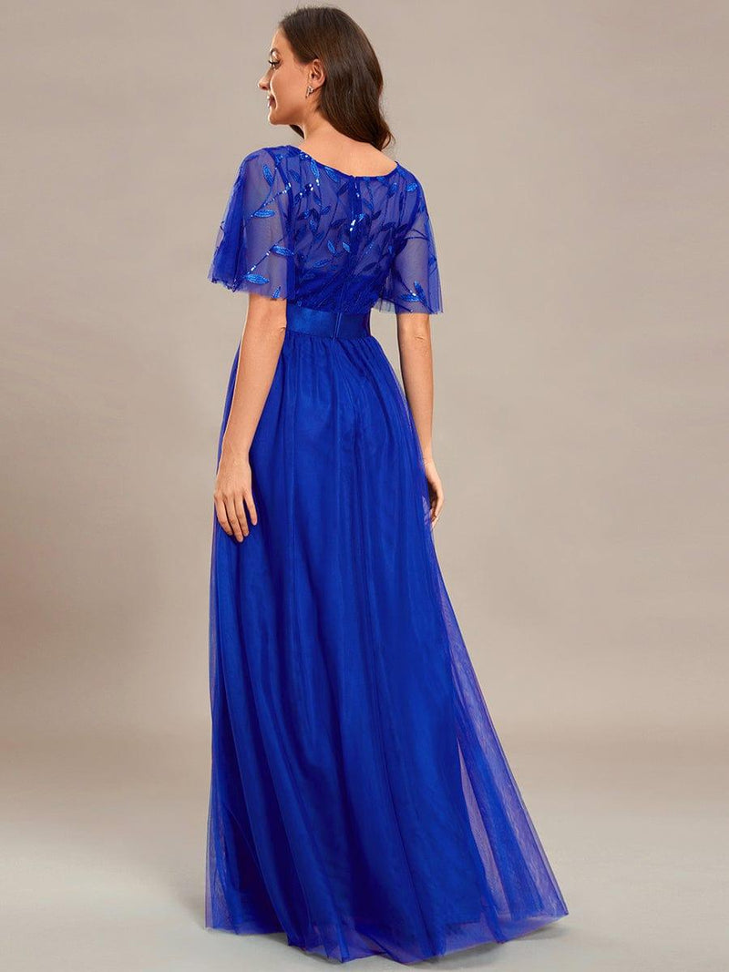 ever SAPHIR|Women's A-Line Sequin Leaf Maxi Prom Dress with Sleeves