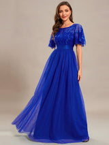 ever SAPHIR|Women's A-Line Sequin Leaf Maxi Prom Dress with Sleeves