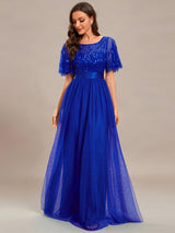 ever SAPHIR|Women's A-Line Sequin Leaf Maxi Prom Dress with Sleeves