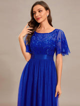 ever SAPHIR|Women's A-Line Sequin Leaf Maxi Prom Dress with Sleeves