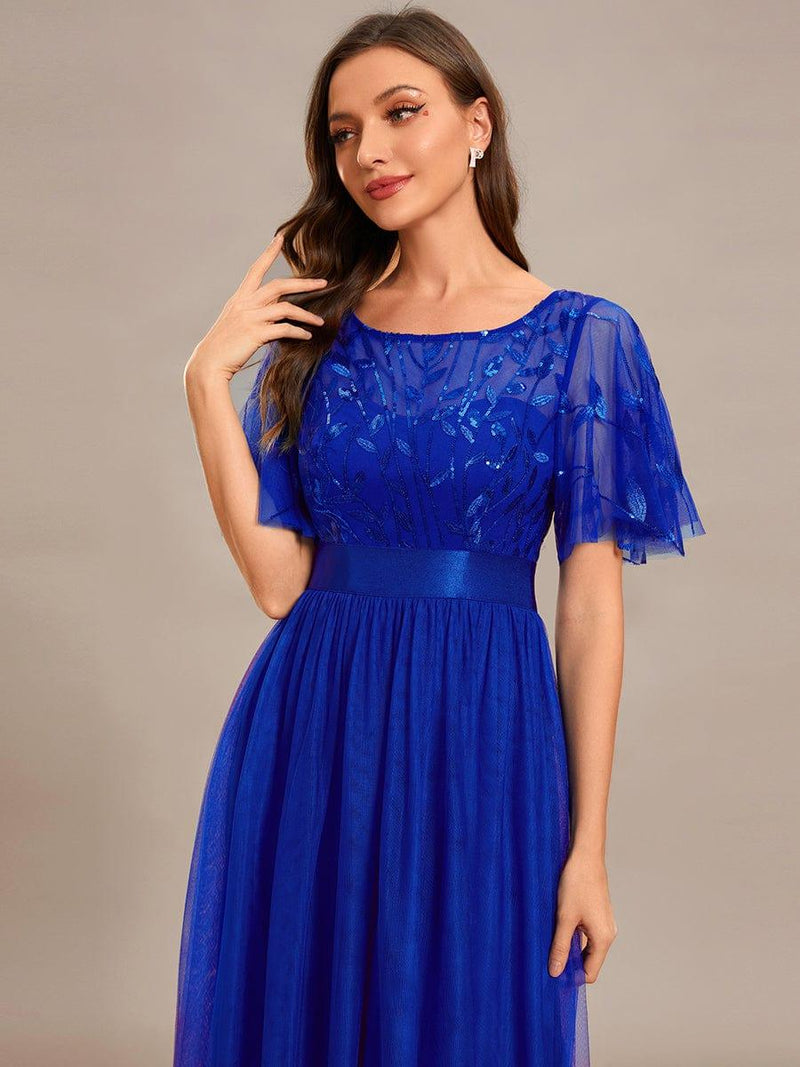 ever SAPHIR|Women's A-Line Sequin Leaf Maxi Prom Dress with Sleeves