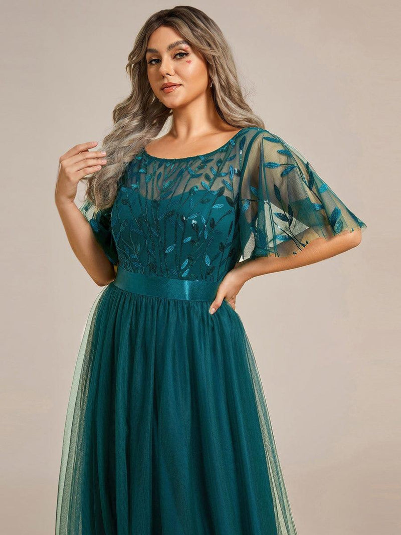 ever SAPHIR|Women's A-Line Sequin Leaf Maxi Prom Dress with Sleeves
