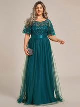 ever SAPHIR|Women's A-Line Sequin Leaf Maxi Prom Dress with Sleeves