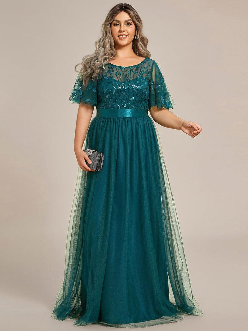 ever SAPHIR|Women's A-Line Sequin Leaf Maxi Prom Dress with Sleeves