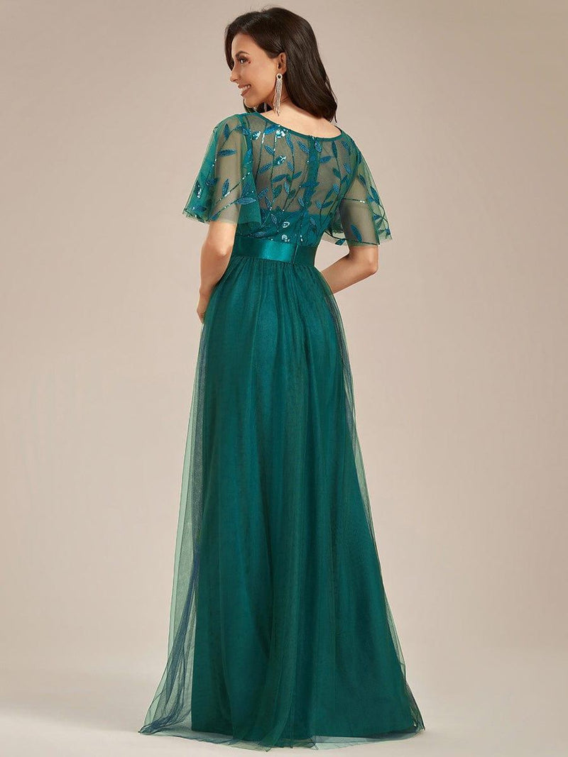 ever SAPHIR|Women's A-Line Sequin Leaf Maxi Prom Dress with Sleeves