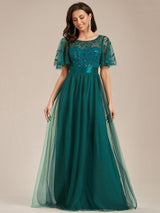 ever SAPHIR|Women's A-Line Sequin Leaf Maxi Prom Dress with Sleeves