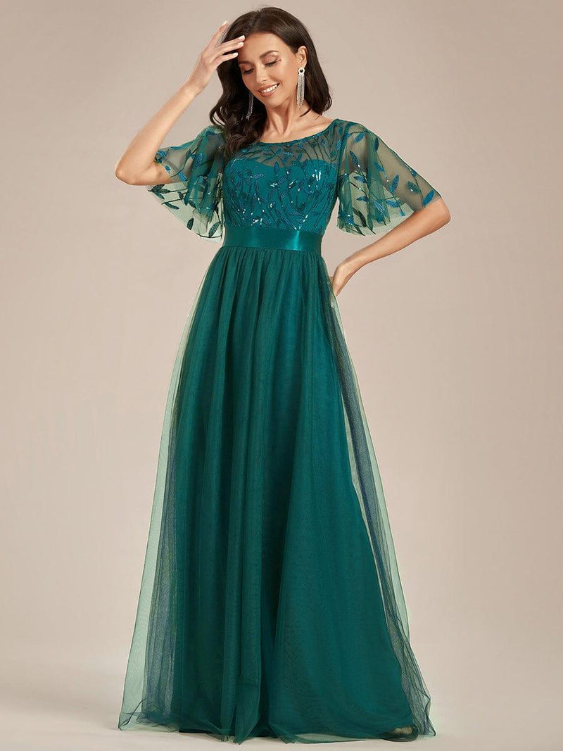 ever SAPHIR|Women's A-Line Sequin Leaf Maxi Prom Dress with Sleeves
