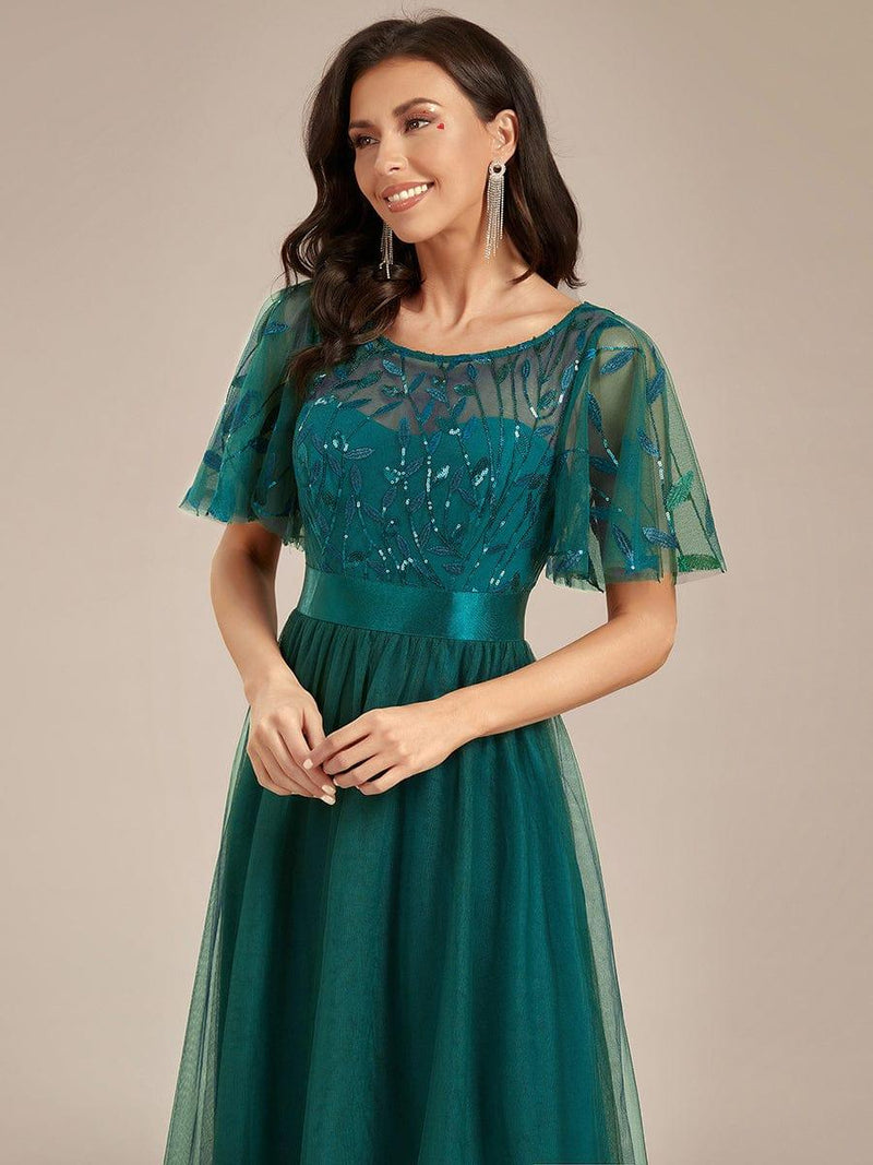 ever SAPHIR|Women's A-Line Sequin Leaf Maxi Prom Dress with Sleeves