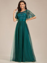 ever SAPHIR|Women's A-Line Sequin Leaf Maxi Prom Dress with Sleeves