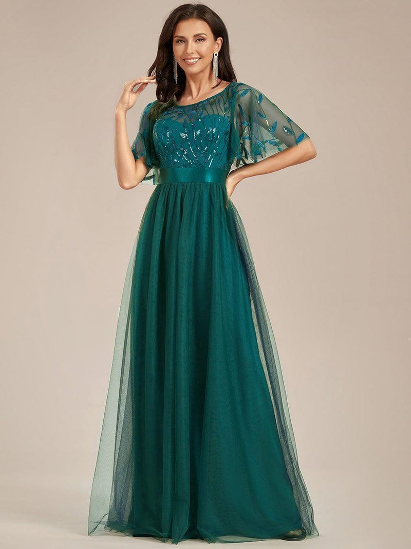 ever SAPHIR|Women's A-Line Sequin Leaf Maxi Prom Dress with Sleeves
