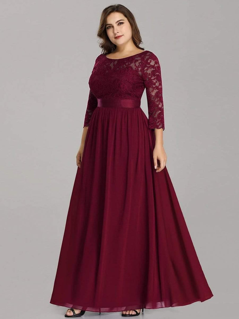 ever FAUN|See-Through Floor Length Lace Chiffon Evening Dress with Half Sleeve