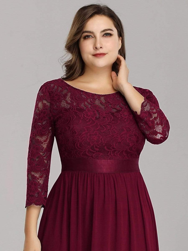 ever FAUN|See-Through Floor Length Lace Chiffon Evening Dress with Half Sleeve