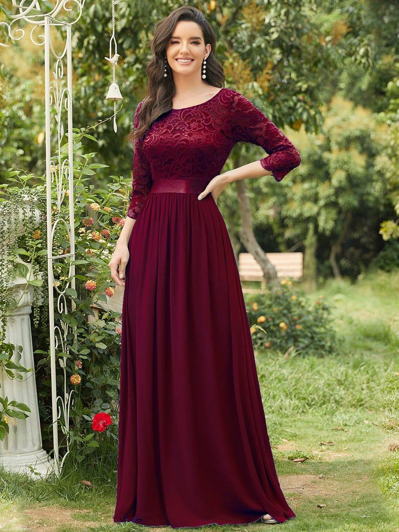 ever FAUN|See-Through Floor Length Lace Chiffon Evening Dress with Half Sleeve