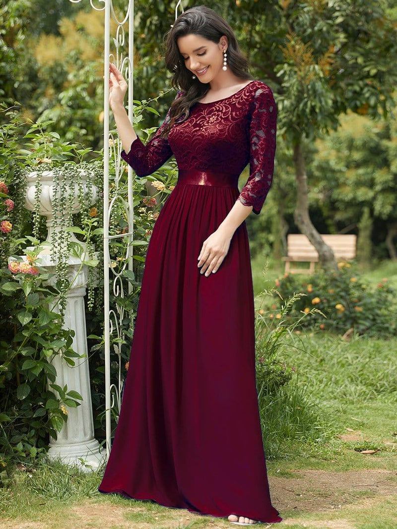 ever FAUN|See-Through Floor Length Lace Chiffon Evening Dress with Half Sleeve