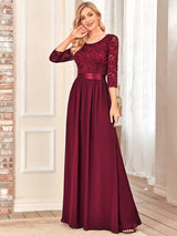 ever FAUN|See-Through Floor Length Lace Chiffon Evening Dress with Half Sleeve