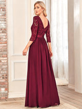 ever FAUN|See-Through Floor Length Lace Chiffon Evening Dress with Half Sleeve