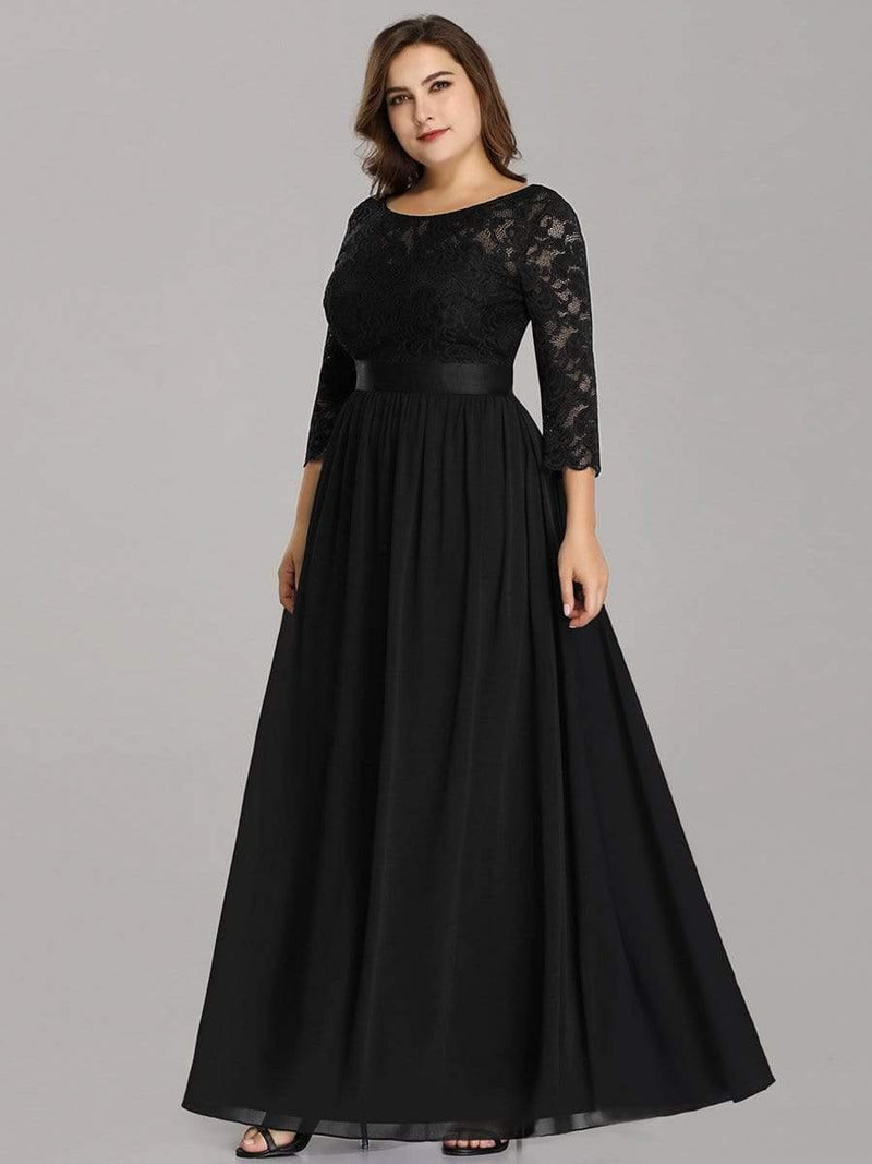 ever FAUN|See-Through Floor Length Lace Chiffon Evening Dress with Half Sleeve