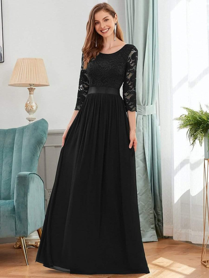 ever FAUN|See-Through Floor Length Lace Chiffon Evening Dress with Half Sleeve