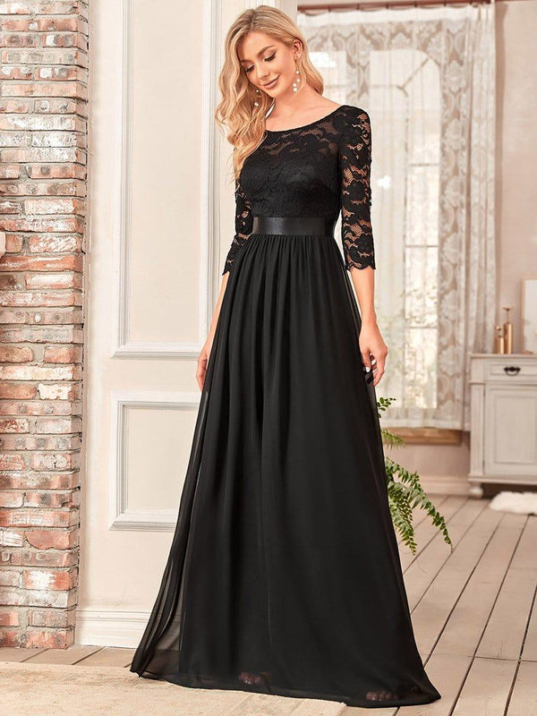 ever FAUN|See-Through Floor Length Lace Chiffon Evening Dress with Half Sleeve