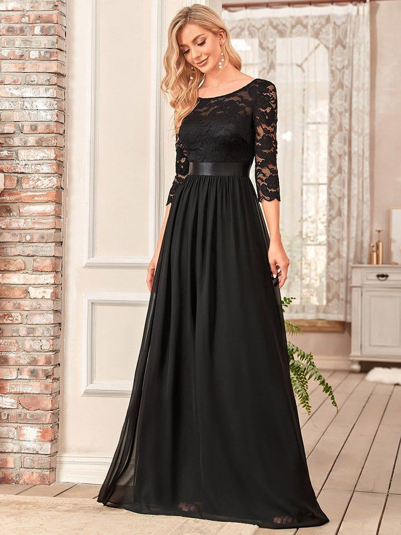 ever FAUN|See-Through Floor Length Lace Chiffon Evening Dress with Half Sleeve