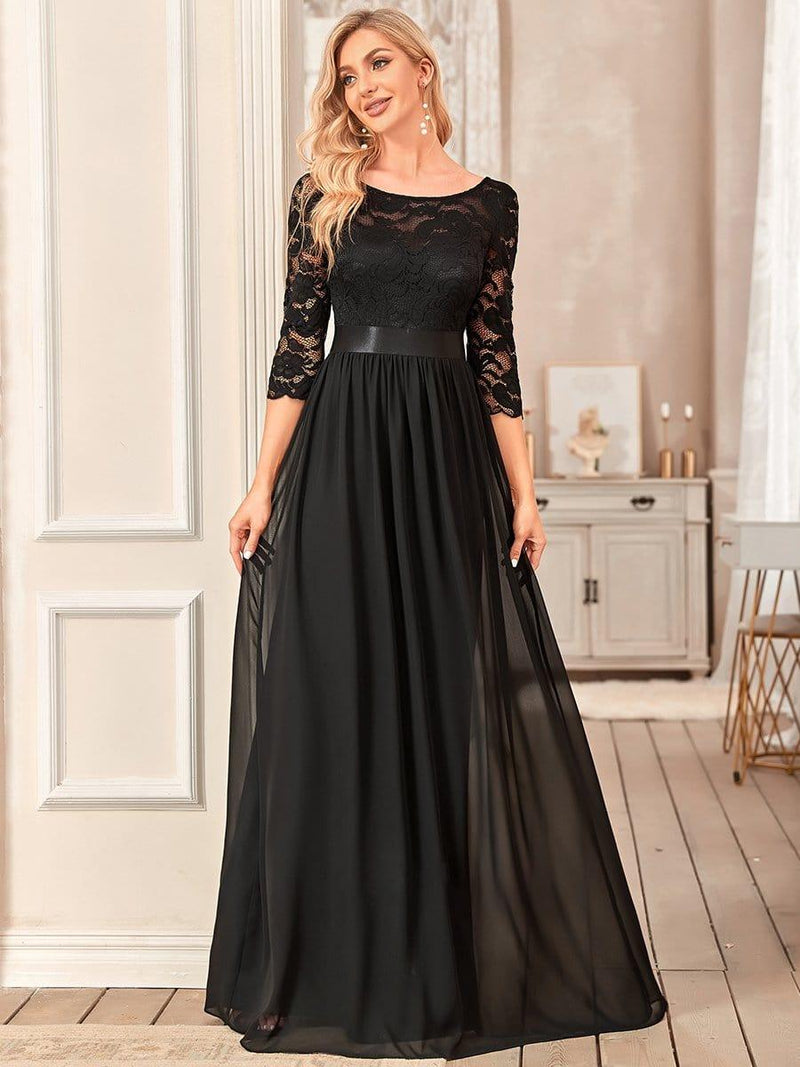 ever FAUN|See-Through Floor Length Lace Chiffon Evening Dress with Half Sleeve