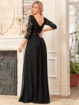ever FAUN|See-Through Floor Length Lace Chiffon Evening Dress with Half Sleeve