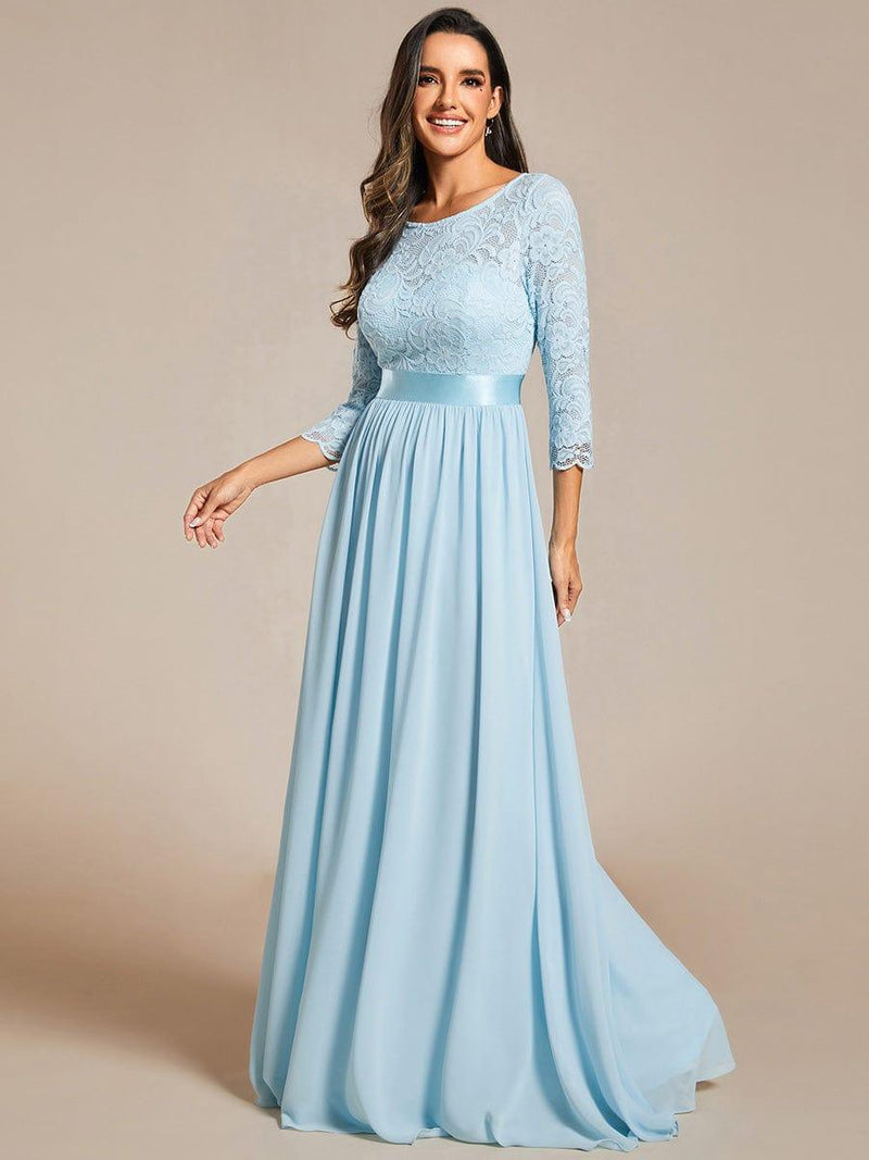 ever FAUN|See-Through Floor Length Lace Chiffon Evening Dress with Half Sleeve