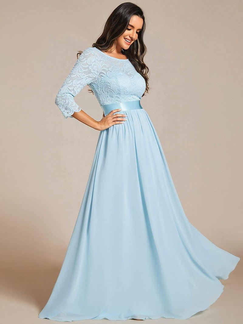 ever FAUN|See-Through Floor Length Lace Chiffon Evening Dress with Half Sleeve