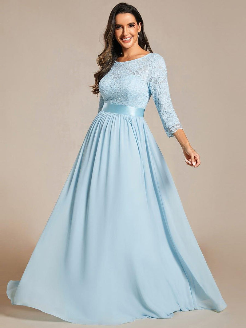 ever FAUN|See-Through Floor Length Lace Chiffon Evening Dress with Half Sleeve