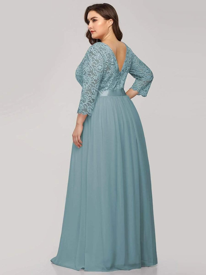 ever FAUN|See-Through Floor Length Lace Chiffon Evening Dress with Half Sleeve