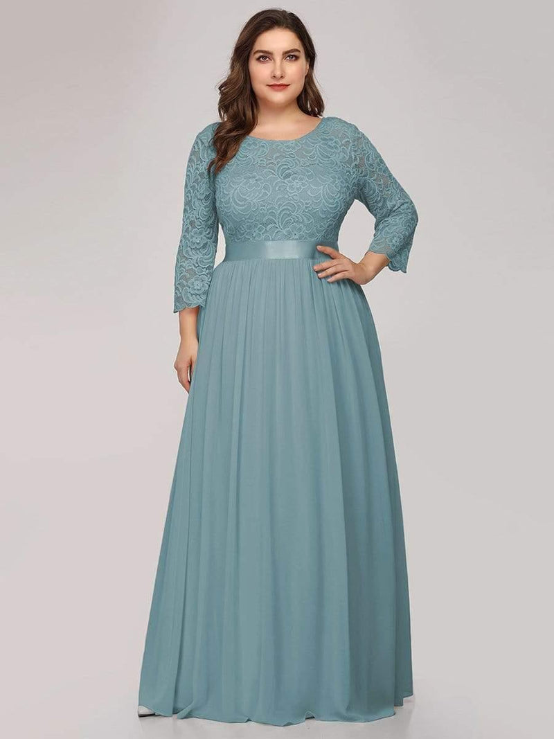 ever FAUN|See-Through Floor Length Lace Chiffon Evening Dress with Half Sleeve