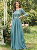 ever FAUN|See-Through Floor Length Lace Chiffon Evening Dress with Half Sleeve