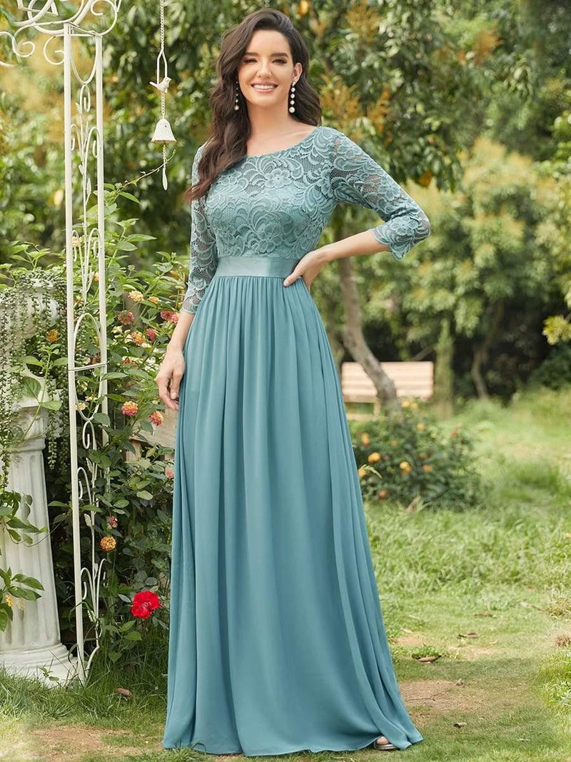 ever FAUN|See-Through Floor Length Lace Chiffon Evening Dress with Half Sleeve