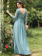 ever FAUN|See-Through Floor Length Lace Chiffon Evening Dress with Half Sleeve
