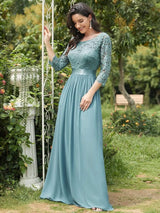 ever FAUN|See-Through Floor Length Lace Chiffon Evening Dress with Half Sleeve