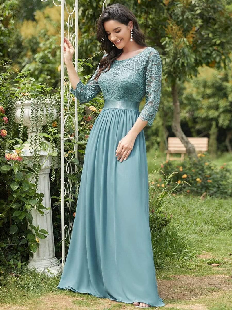 ever FAUN|See-Through Floor Length Lace Chiffon Evening Dress with Half Sleeve