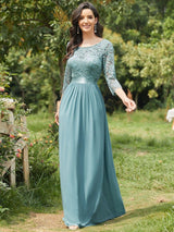 ever FAUN|See-Through Floor Length Lace Chiffon Evening Dress with Half Sleeve