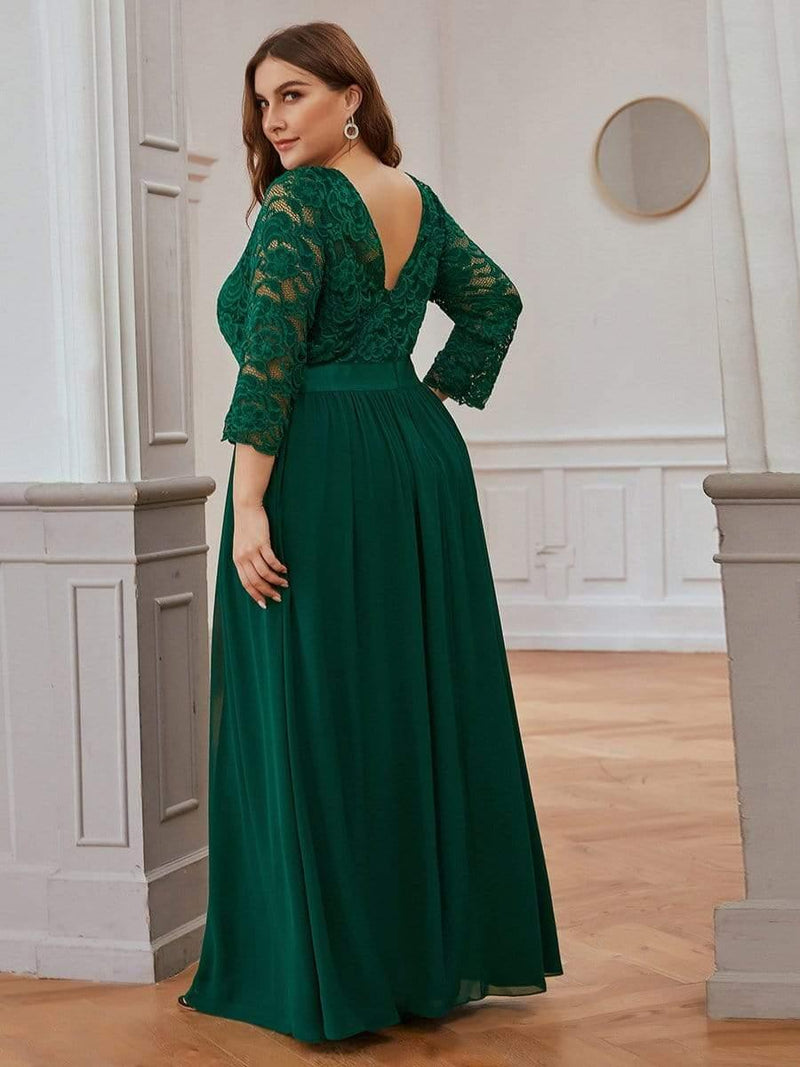 ever FAUN|See-Through Floor Length Lace Chiffon Evening Dress with Half Sleeve