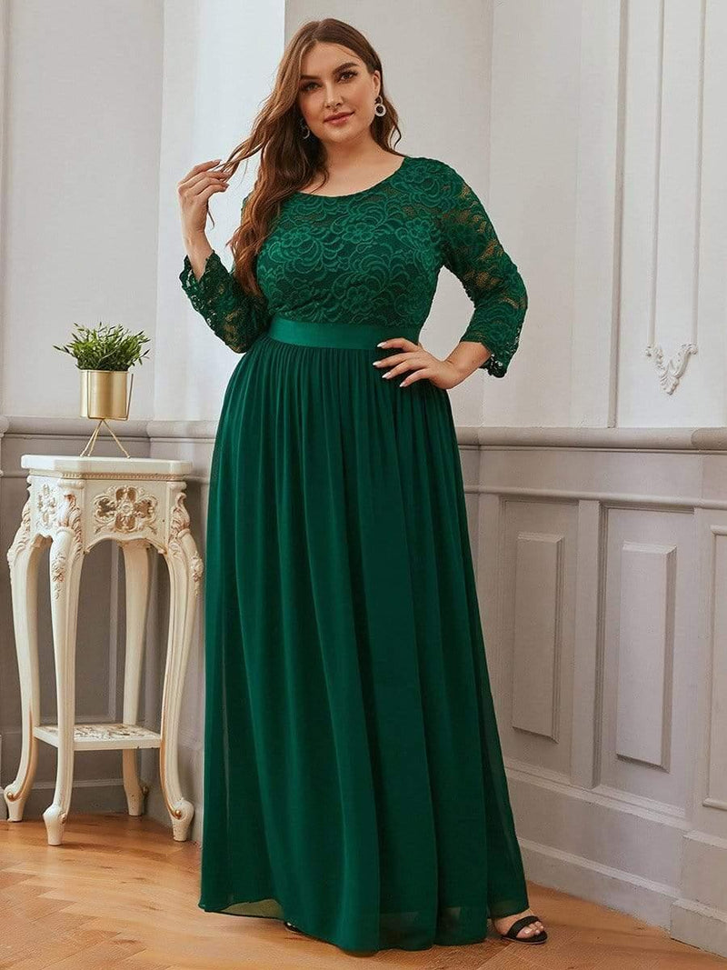 ever FAUN|See-Through Floor Length Lace Chiffon Evening Dress with Half Sleeve