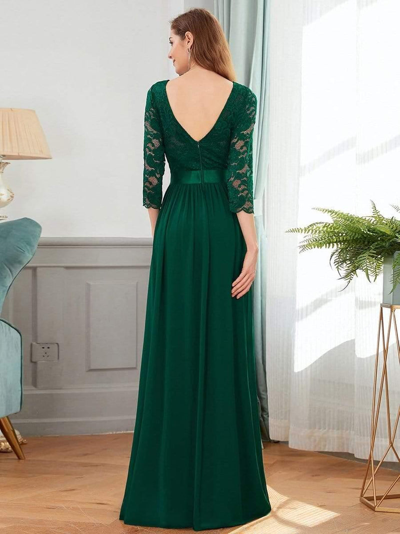 ever FAUN|See-Through Floor Length Lace Chiffon Evening Dress with Half Sleeve