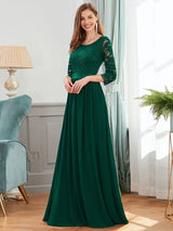 ever FAUN|See-Through Floor Length Lace Chiffon Evening Dress with Half Sleeve