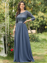 ever FAUN|See-Through Floor Length Lace Chiffon Evening Dress with Half Sleeve