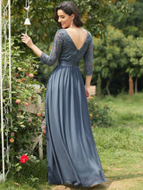ever FAUN|See-Through Floor Length Lace Chiffon Evening Dress with Half Sleeve