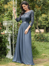 ever FAUN|See-Through Floor Length Lace Chiffon Evening Dress with Half Sleeve