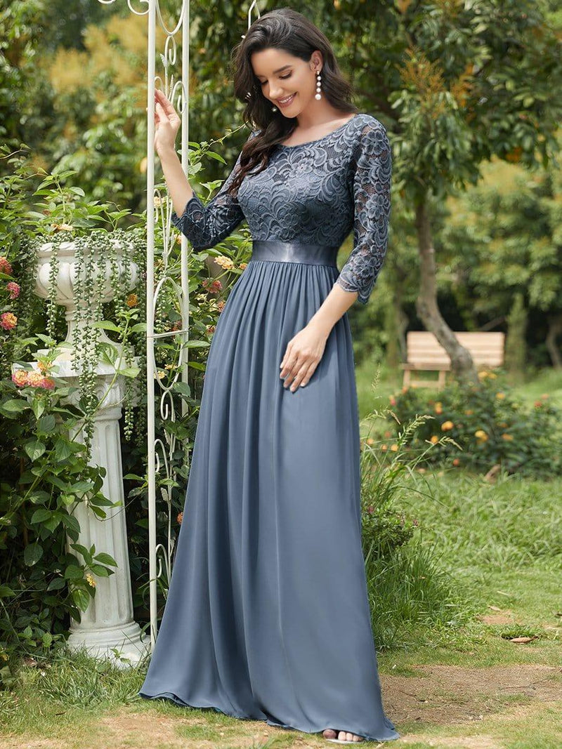 ever FAUN|See-Through Floor Length Lace Chiffon Evening Dress with Half Sleeve